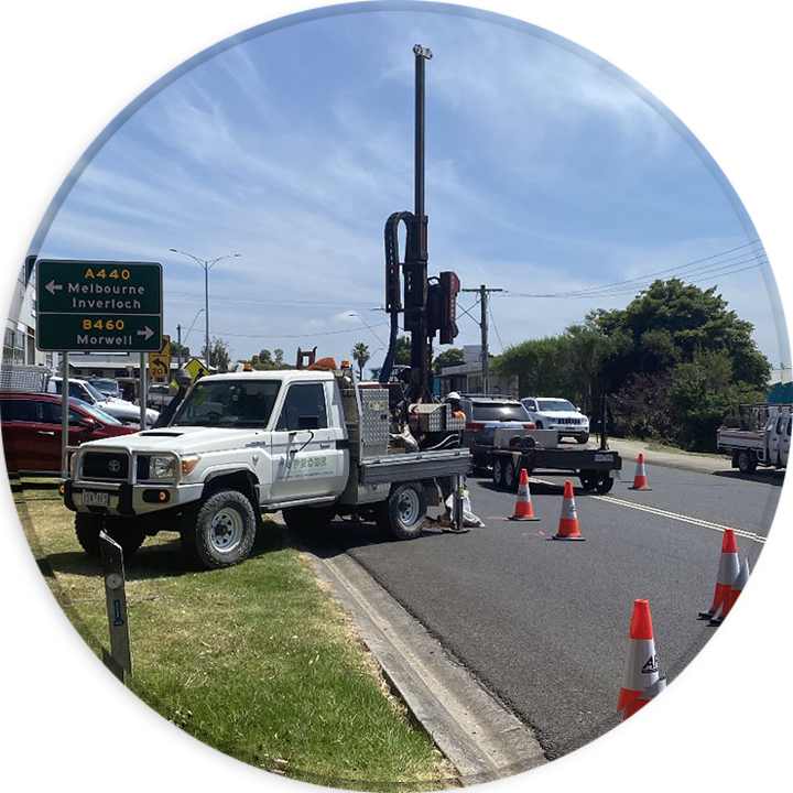 A team of Probe Geotech engineers conducts pavement investigations in Melbourne, Victoria, meticulously analyzing soil composition and groundwater levels to ensure the longevity and sustainability of future infrastructure.