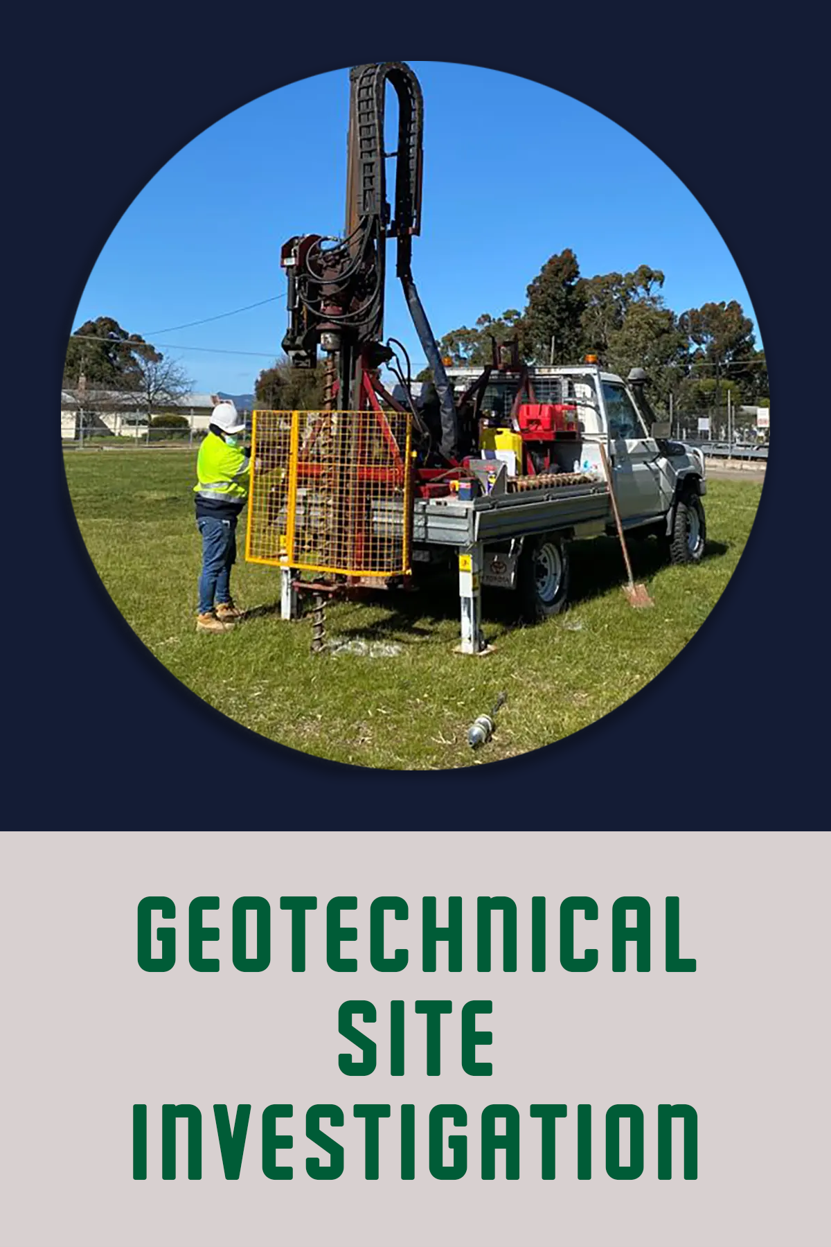 A determined geotechnical engineer mascot, clad in helmet and orange attire, prepares to dig into the ground with a probe and tools in hand, representing Probe Geotechnical Services' expertise in residential soil testing.